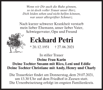 Traueranzeige von Eckhard Petri von Märkischen Allgemeine Zeitung