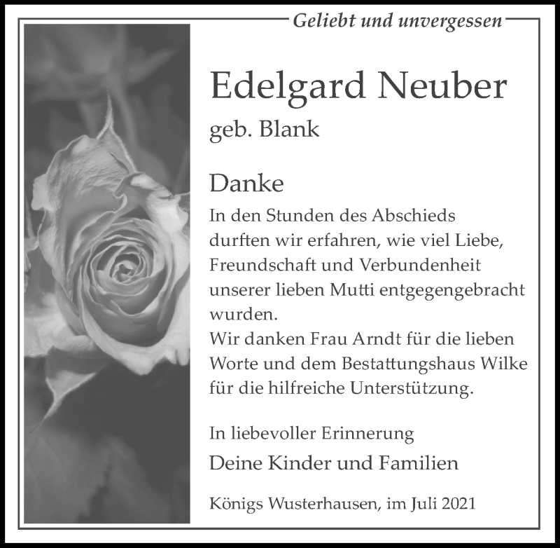  Traueranzeige für Edelgard Neuber vom 24.07.2021 aus Märkischen Allgemeine Zeitung
