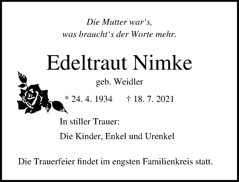  Traueranzeige für Edeltraut Nimke vom 24.07.2021 aus Ostsee-Zeitung GmbH