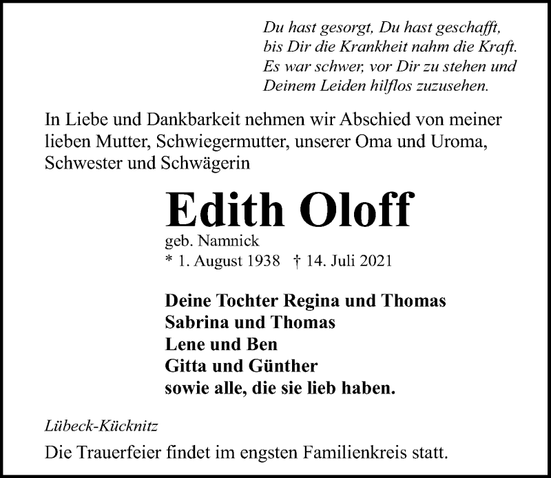  Traueranzeige für Edith Oloff vom 18.07.2021 aus Lübecker Nachrichten