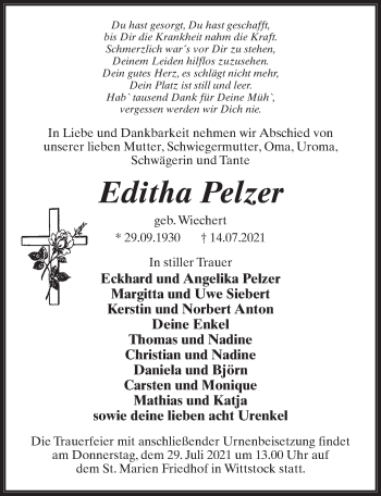 Traueranzeige von Editha Pelzer von Märkischen Allgemeine Zeitung