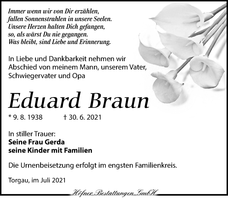  Traueranzeige für Eduard Braun vom 10.07.2021 aus Torgauer Zeitung