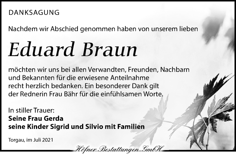  Traueranzeige für Eduard Braun vom 31.07.2021 aus Torgauer Zeitung