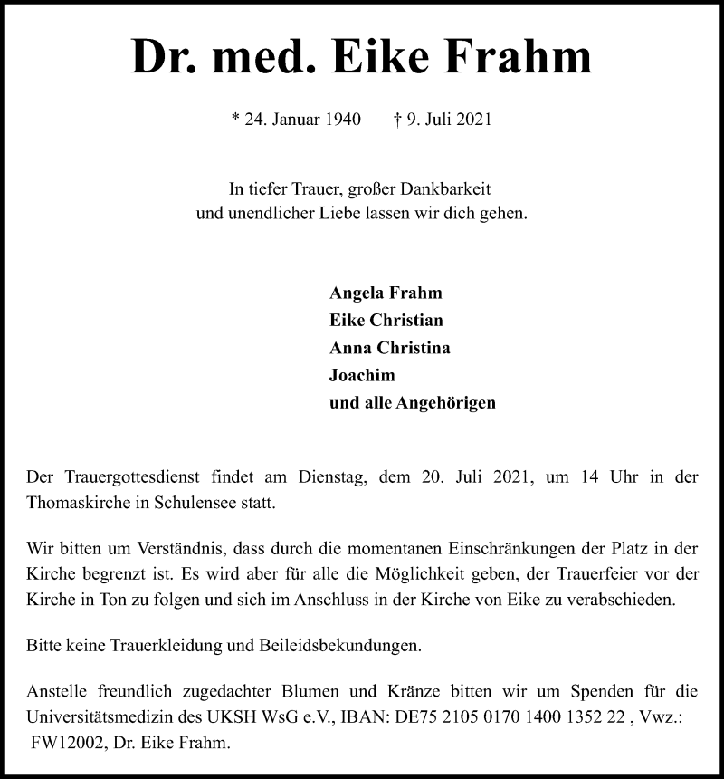  Traueranzeige für Eike Frahm vom 17.07.2021 aus Kieler Nachrichten