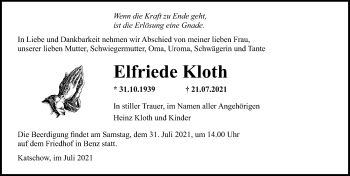 Traueranzeige von Elfriede Kloth von Ostsee-Zeitung GmbH