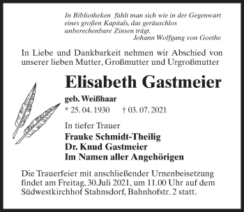 Traueranzeige von Elisabeth Gastmeier von Märkischen Allgemeine Zeitung