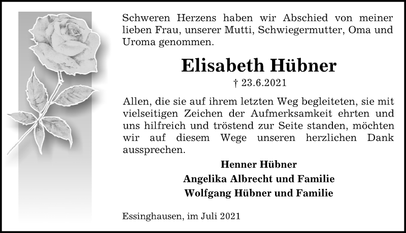  Traueranzeige für Elisabeth Hübner vom 17.07.2021 aus Peiner Allgemeine Zeitung