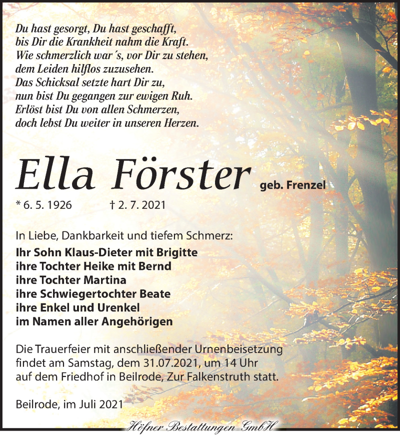  Traueranzeige für Ella Förster vom 10.07.2021 aus Torgauer Zeitung