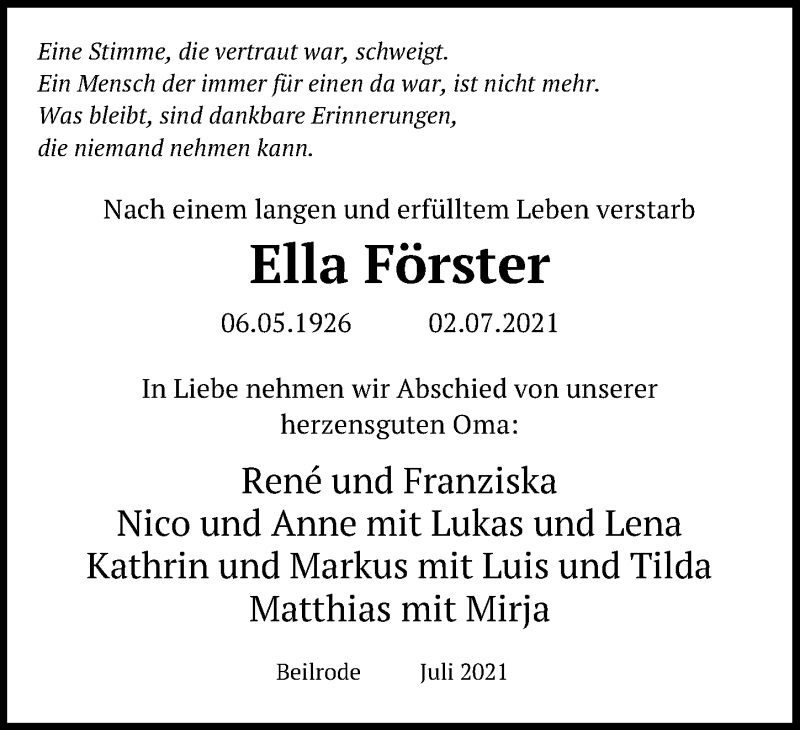  Traueranzeige für Ella Förster vom 10.07.2021 aus Torgauer Zeitung