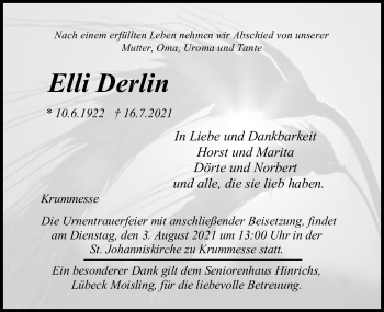 Traueranzeige von Elli Derlin von Lübecker Nachrichten