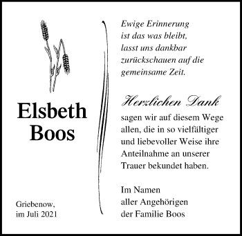 Traueranzeige von Elsbeth Boos von Ostsee-Zeitung GmbH