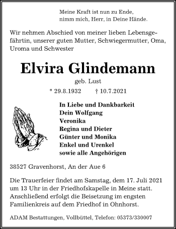 Traueranzeige von Elvira Glindemann von Aller Zeitung