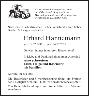 Traueranzeige von Erhard Hannemann von Märkischen Allgemeine Zeitung