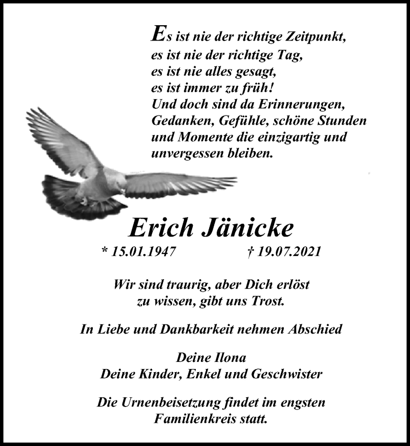 Traueranzeige für Erich Jänicke vom 24.07.2021 aus Märkischen Allgemeine Zeitung