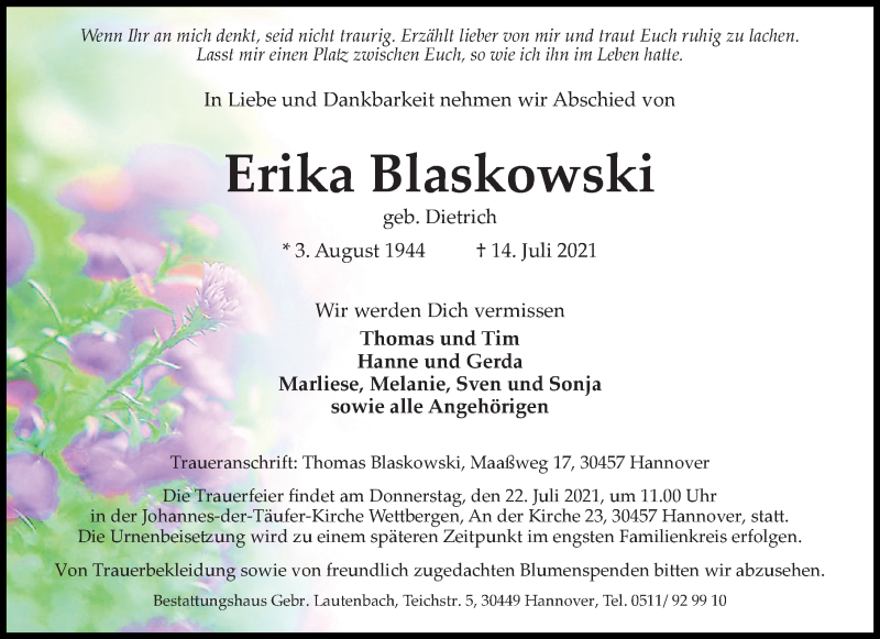  Traueranzeige für Erika Blaskowski vom 17.07.2021 aus Hannoversche Allgemeine Zeitung/Neue Presse
