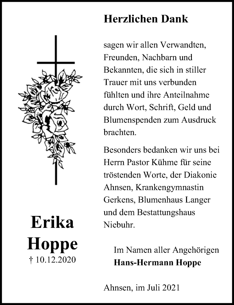  Traueranzeige für Erika Hoppe vom 23.07.2021 aus Aller Zeitung
