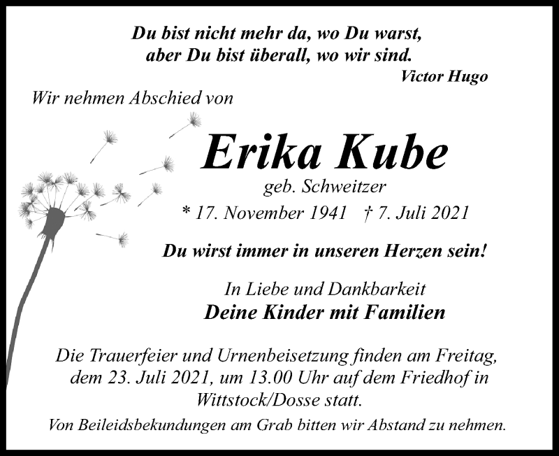  Traueranzeige für Erika Kube vom 10.07.2021 aus Märkischen Allgemeine Zeitung