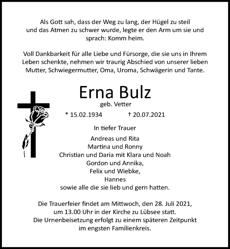  Traueranzeige für Erna Bulz vom 24.07.2021 aus Ostsee-Zeitung GmbH