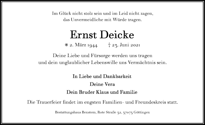  Traueranzeige für Ernst Deicke vom 03.07.2021 aus Göttinger Tageblatt