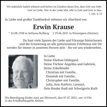 Traueranzeige von Erwin Krause von Hannoversche Allgemeine Zeitung/Neue Presse