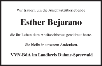 Traueranzeige von Esther Bejarano von Märkischen Allgemeine Zeitung