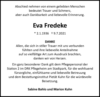 Traueranzeige von Eva Fredeke von Peiner Allgemeine Zeitung