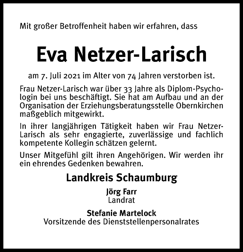  Traueranzeige für Eva Netzer-Larisch vom 24.07.2021 aus Schaumburger Nachrichten