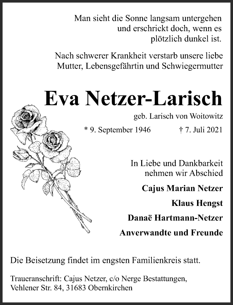  Traueranzeige für Eva Netzer-Larisch vom 17.07.2021 aus Schaumburger Nachrichten