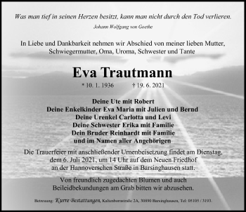 Traueranzeige von Eva Trautmann von Hannoversche Allgemeine Zeitung/Neue Presse