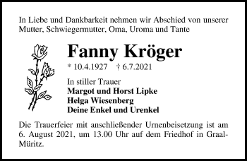 Traueranzeige von Fanny Kröger von Ostsee-Zeitung GmbH