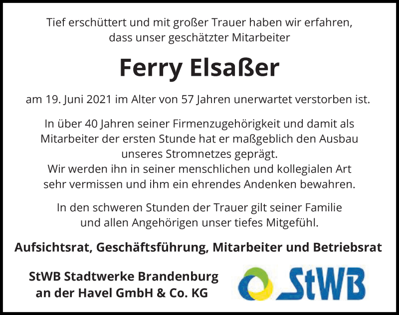  Traueranzeige für Ferry Elsaßer vom 03.07.2021 aus Märkischen Allgemeine Zeitung
