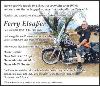 Traueranzeige von Ferry Elsaßer von Märkischen Allgemeine Zeitung