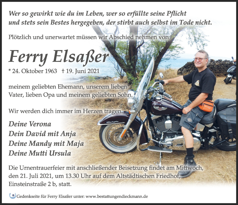  Traueranzeige für Ferry Elsaßer vom 03.07.2021 aus Märkischen Allgemeine Zeitung