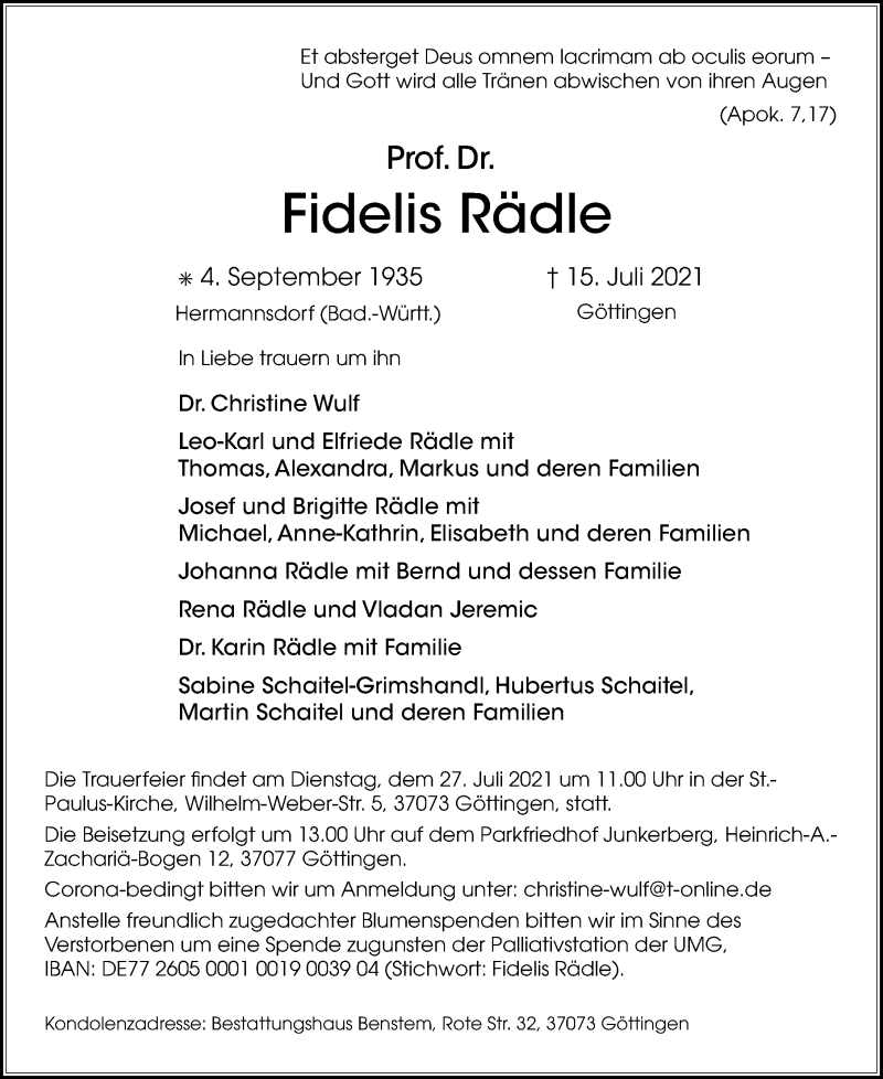  Traueranzeige für Fidelis Rädle vom 24.07.2021 aus Göttinger Tageblatt