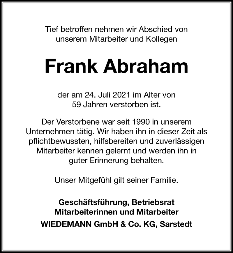  Traueranzeige für Frank Abraham vom 31.07.2021 aus Hannoversche Allgemeine Zeitung/Neue Presse