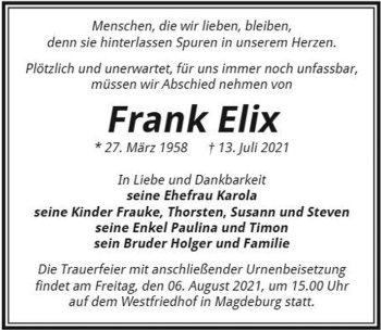 Traueranzeige von Frank Elix von Göttinger Tageblatt