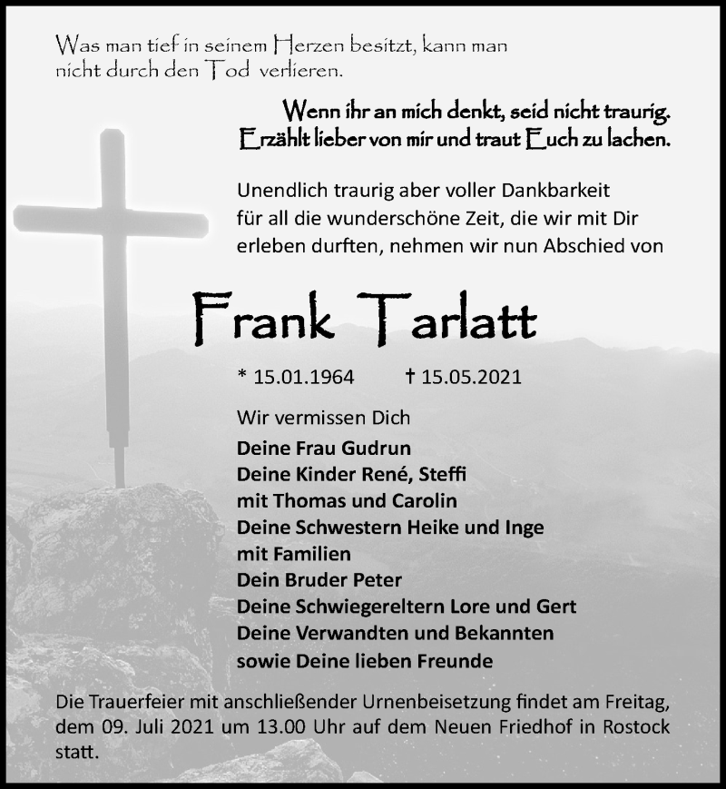  Traueranzeige für Frank Tarlatt vom 03.07.2021 aus Ostsee-Zeitung GmbH
