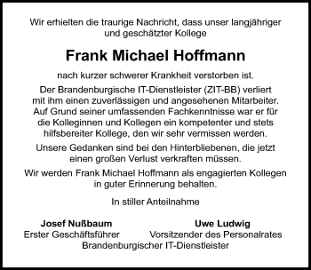 Traueranzeige von Frank Michael Hoffmann von Märkischen Allgemeine Zeitung