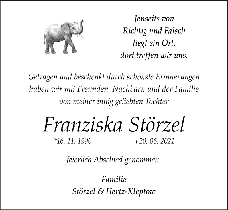  Traueranzeige für Franziska Störzel vom 31.07.2021 aus Kieler Nachrichten