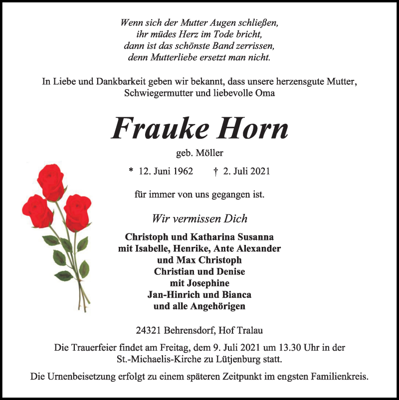  Traueranzeige für Frauke Horn vom 07.07.2021 aus Kieler Nachrichten