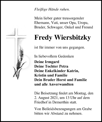 Traueranzeige von Fredy Wiersbitzky von Märkischen Allgemeine Zeitung
