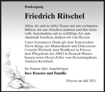 Traueranzeige von Friedrich Ritschel von Märkischen Allgemeine Zeitung