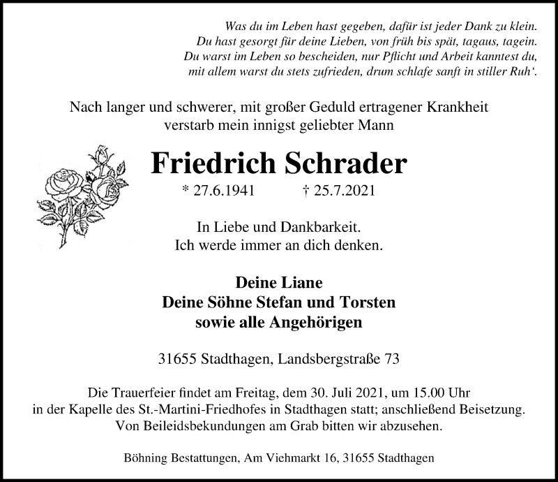  Traueranzeige für Friedrich Schrader vom 27.07.2021 aus Schaumburger Nachrichten