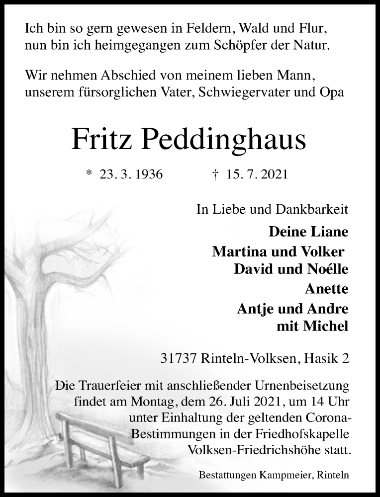  Traueranzeige für Fritz Peddinghaus vom 21.07.2021 aus Schaumburger Nachrichten