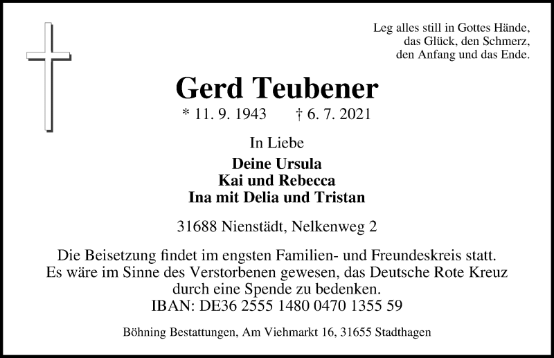  Traueranzeige für Gerd Teubener vom 10.07.2021 aus Schaumburger Nachrichten