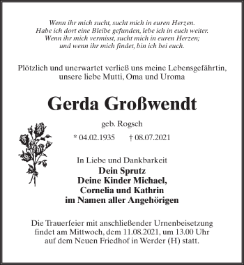 Traueranzeige von Gerda Großwendt von Märkischen Allgemeine Zeitung
