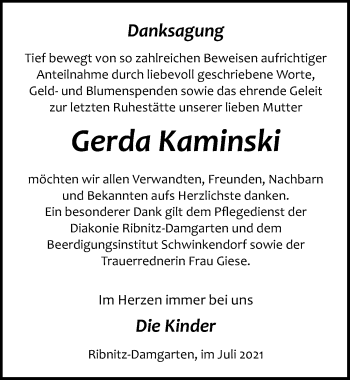 Traueranzeige von Gerda Kaminski von Ostsee-Zeitung GmbH