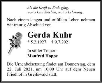 Traueranzeige von Gerda Kuhr von Ostsee-Zeitung GmbH
