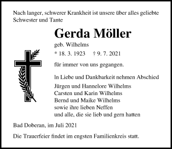 Traueranzeige von Gerda Möller von Ostsee-Zeitung GmbH