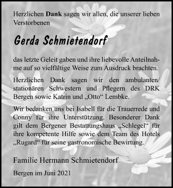 Traueranzeige von Gerda Schmietendorf von Ostsee-Zeitung GmbH